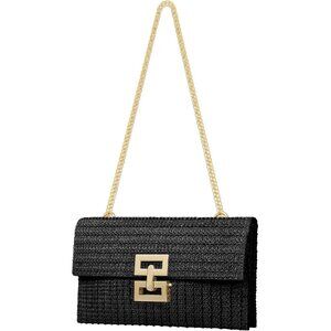 Black Woven Raffia Beach Clutch Crossbody Bag with Chain Strap for Women